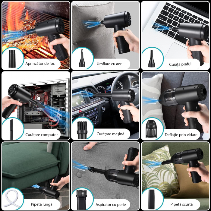 Suflanta Aer & Aspirator fara Fir, LittleDomi, 68W, pentru Tastatura, Indepartare Praf PC, Aer Conditionat, Jaluzele, Canapea, Telefon, Obiectiv Aparat Foto, 3 Trepte de Viteza, 11 Accesori [5]