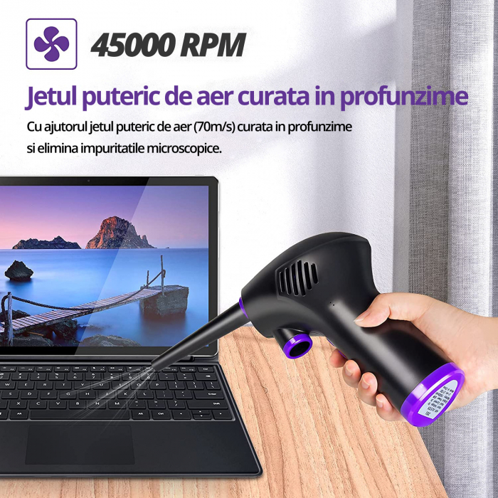 Suflanta aer, LittleDomi, pentru Indepartare Praf PC, Aer Conditionat, Tasatura, Jaluzele, Canapea, Telefon, Obiectiv Aparat Foto, doua Tipuri de Duze, Lanterna LED, fara Fir, Negru [3]