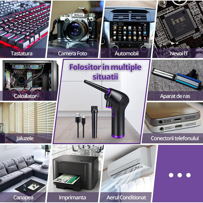 Suflanta aer, LittleDomi, pentru Indepartare Praf PC, Aer Conditionat, Tasatura, Jaluzele, Canapea, Telefon, Obiectiv Aparat Foto, doua Tipuri de Duze, Lanterna LED, fara Fir, Negru [6]