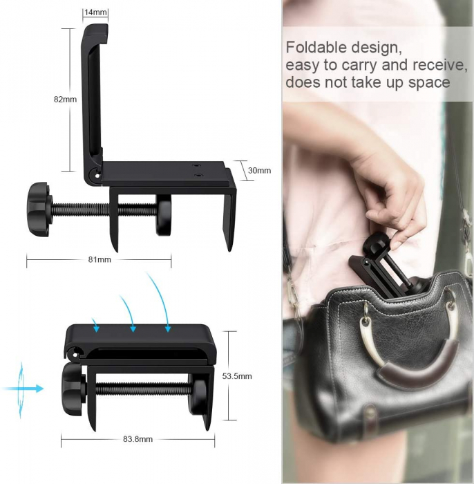 Suport/Carlig pentu casti gaming cu clema reglabila, LittleDomi, Compatibil cu Casti Shure, AKG, Panasonic, Avantree, Sennheiser, Sony, Audio-Technica, Bose, Prindere Birou, Pliabil, Instalare pe Vert [6]
