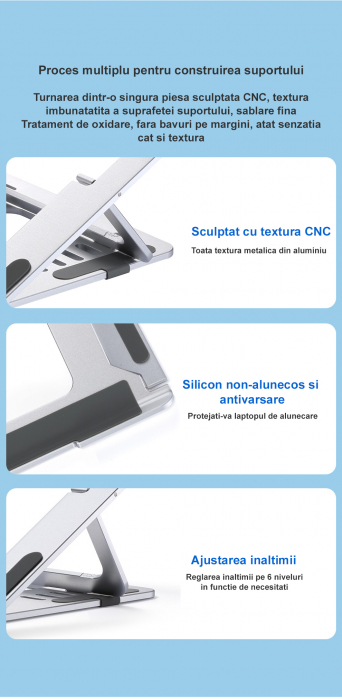 Suport ergonomic Laptop, LittleDomi, Ajustabil, Usor, 6 Trepte Inaltime, Aluminiu Durabil, Ventilatie, Non Alunecos, Marime universala [4]