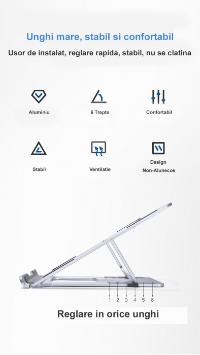 Suport ergonomic Laptop, LittleDomi, Ajustabil, Usor, 6 Trepte Inaltime, Aluminiu Durabil, Ventilatie, Non Alunecos, Marime universala [3]