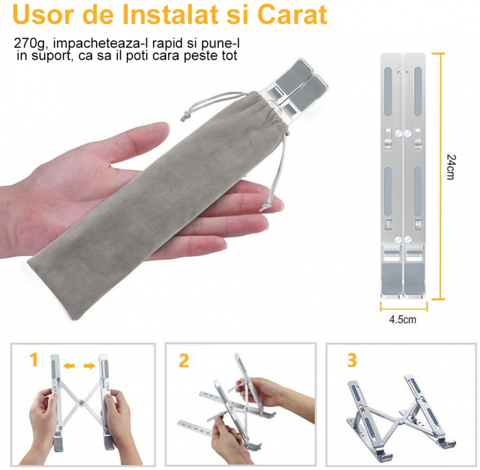 Suport Laptop, LittleDomi, Ajustabil 6 Trepte, Non-Alunecos, Portabil, Aluminiu Solid, Design Special Disipare Caldura, Ergonomic, Ventilat pentru notebook si tableta de 7-15,6 inch [3]