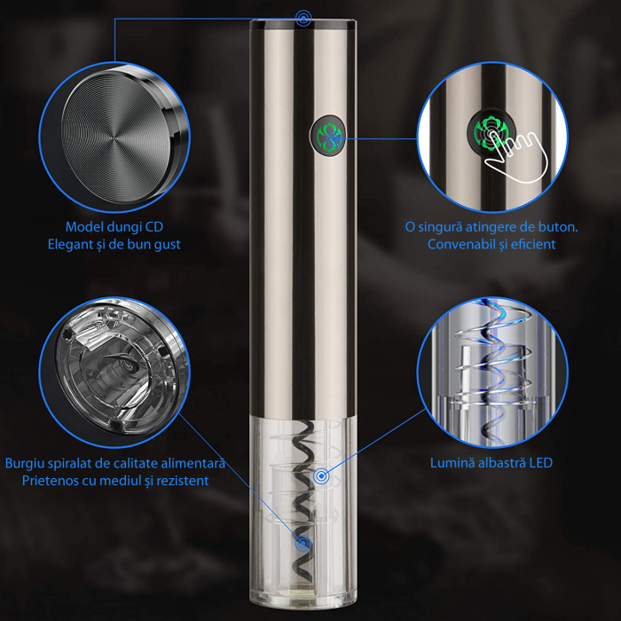 Tirbuson Electric pentru Vin, cu Baza Reincarcabila, Accesoriu Taiat Folie, Aerator, Dop Pompa Vid, 4 Acumulatori, Notificare Baterie, One-Touch, Automat, Inox [6]