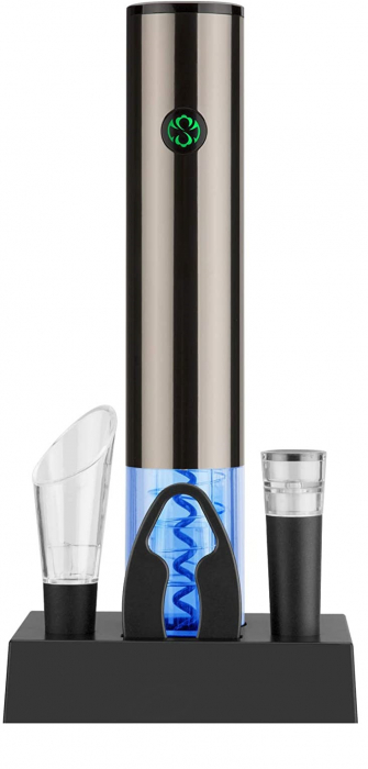 Tirbuson Electric pentru Vin, cu Baza Reincarcabila, Accesoriu Taiat Folie, Aerator, Dop Pompa Vid, 4 Acumulatori, Notificare Baterie, One-Touch, Automat, Inox [1]