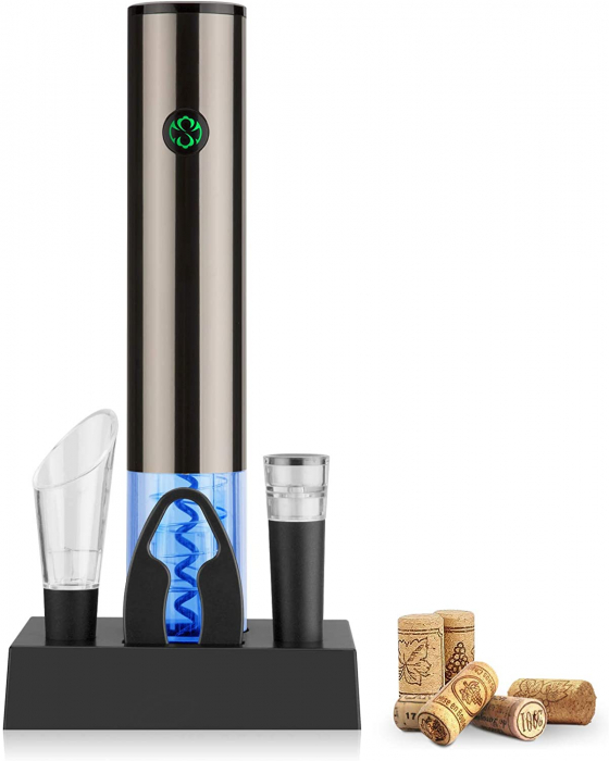 Tirbuson Electric pentru Vin, cu Baza Reincarcabila, Accesoriu Taiat Folie, Aerator, Dop Pompa Vid, 4 Acumulatori, Notificare Baterie, One-Touch, Automat, Inox [2]