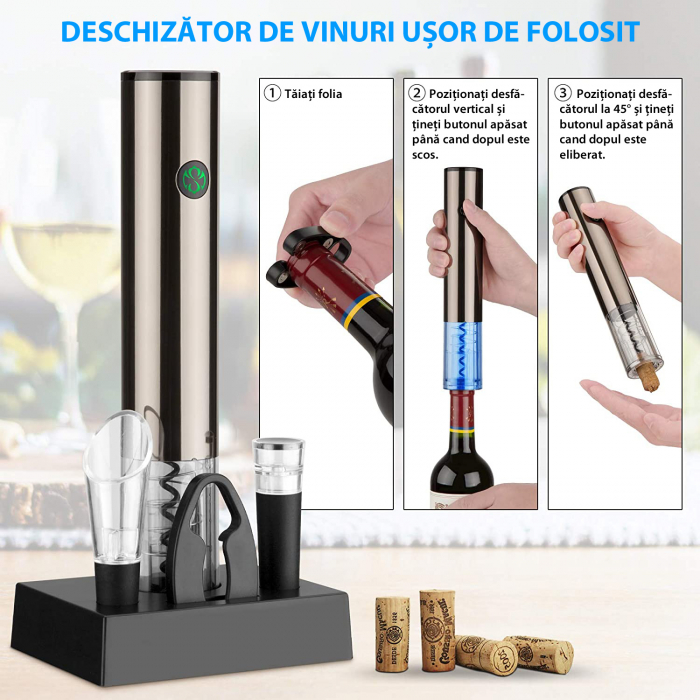 Tirbuson Electric pentru Vin, cu Baza Reincarcabila, Accesoriu Taiat Folie, Aerator, Dop Pompa Vid, 4 Acumulatori, Notificare Baterie, One-Touch, Automat, Inox [4]
