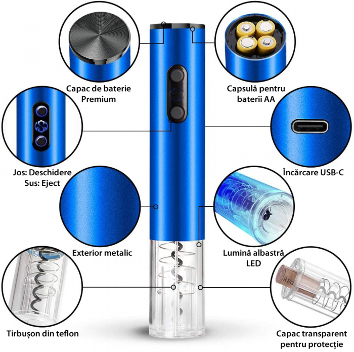 Tirbuson Electric pentru Vin, Reincarcabil, Accesoriu Taiat Folie, 4 Acumulatori, Notificare Baterie, One-Touch, Automat, Albastru [5]