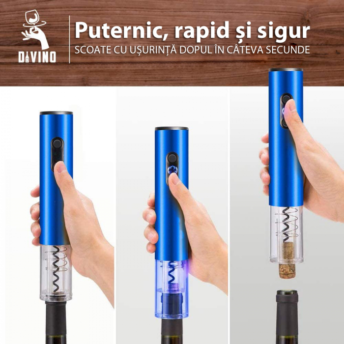 Tirbuson Electric pentru Vin, Reincarcabil, Accesoriu Taiat Folie, 4 Acumulatori, Notificare Baterie, One-Touch, Automat, Albastru [3]