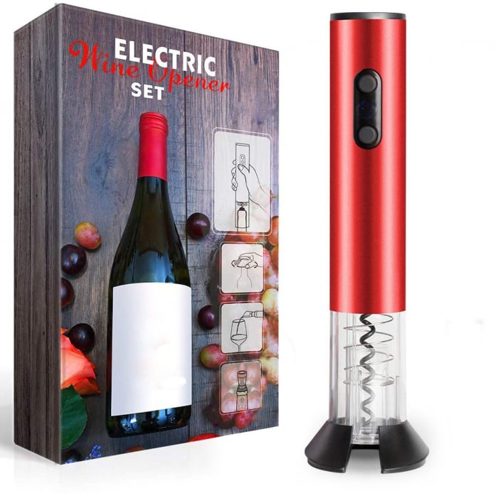 Tirbuson Electric pentru Vin, Reincarcabil, Accesoriu Taiat Folie, 4 Acumulatori, Notificare Baterie, One-Touch, Automat, Rosu [1]