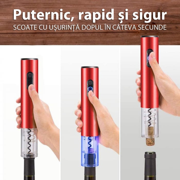 Tirbuson Electric pentru Vin, Reincarcabil, Accesoriu Taiat Folie, 4 Acumulatori, Notificare Baterie, One-Touch, Automat, Rosu [5]