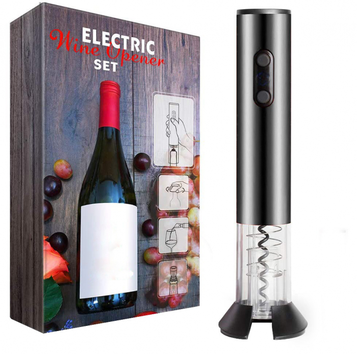 Tirbuson Electric pentru Vin, Reincarcabil, Accesoriu Taiat Folie, 4 Acumulatori, Notificare Baterie, One-Touch, Gri [1]