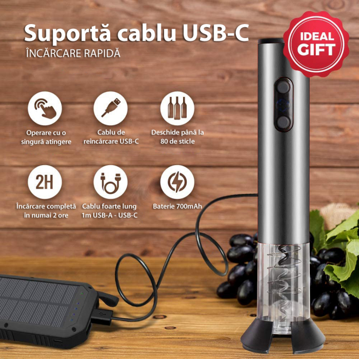 Tirbuson Electric pentru Vin, Reincarcabil, Accesoriu Taiat Folie, 4 Acumulatori, Notificare Baterie, One-Touch, Gri [4]