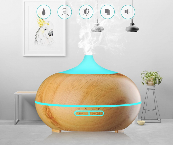Umidificator de aer/difuzor aromaterapie cu ultrasunete LittleDomi, cu telecomanda, LED 7 culori, Temporizator, Stejar deschis, 400 ml [1]
