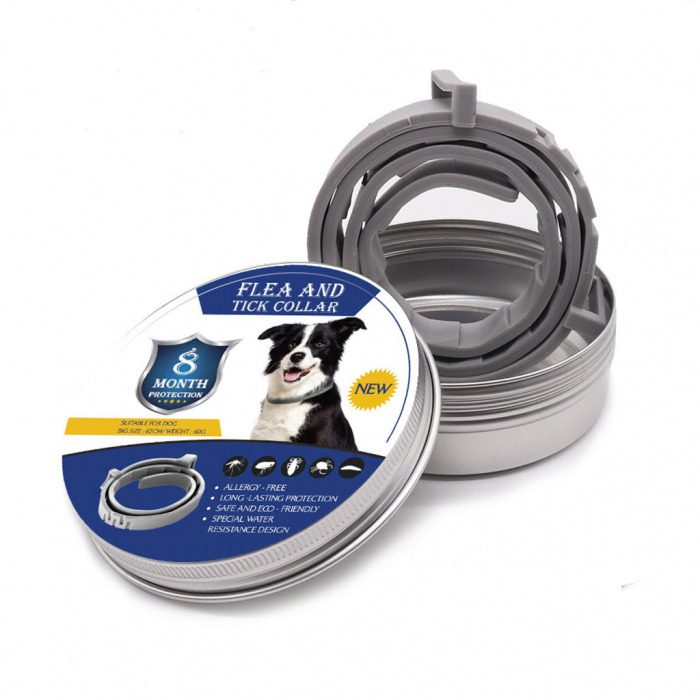 Zgarda Antiparazitara, LittleDomi, pentru Purici si Capuse, Protectie pana la 8 luni pentru Caini, Fara Alergeni, 6.2x1.3cm, Silicon, Gri [2]