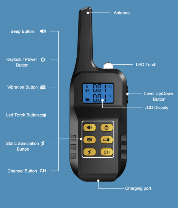 Zgarda Electrica pentru Dresaj Caini, LD-193, 99 Nivele de Vibratii, Raza Actiune 1000m, Reincarcabila, IP6x - Rezistenta la Apa si Praf, Electrozi Cauciucati, Protectie Piele, Power Saving, Lanterna, [8]