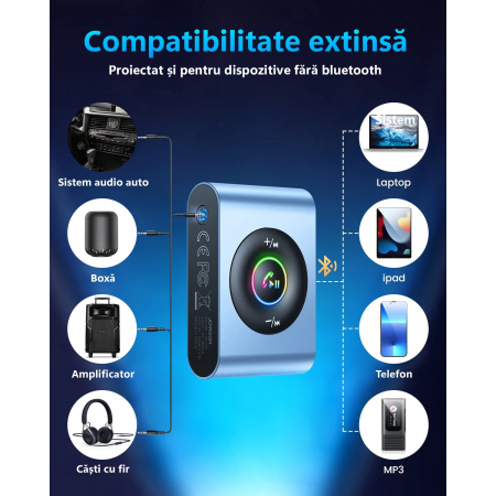 Adaptor Bluetooth 5.3, LittleDomi, Noise Cancelling, HiFi Bass, Microfon Dual, AUX 3.5mm, Dubla Conexiune, LCD LED, Transmitator si Receptor TX/RX pentru Casti, TV, Masina, Sistem Audio, Home Cinema, [2]