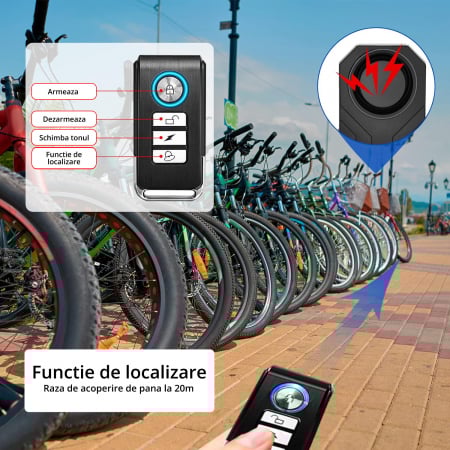 Alarma Antifurt pentru Bicicleta, Trotineta si Motocicleta, LittleDomi, 3 Nivele de Volum pana la 113db, Senzor de Vibratii, Telecomanda, Impermeabila Ip55, 7 Nivele de Senzivitate, Negru [4]