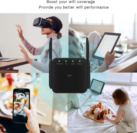 Amplificator Semnal Retea Wireless, LittleDomi, transmisie 300Mbps-1200Mbps, Retea 2.4 GHz-5GHz, Conexiune WPA si WPA2, 4 Antene Externe, Port LAN, Negru [5]