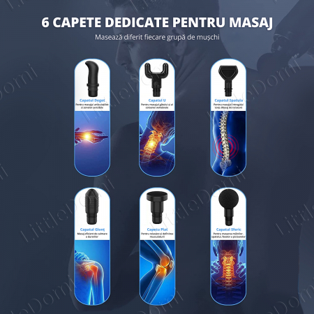Aparat pentru Masaj Profesional, LittleDomi, Tip Pistol, 30 Viteze, 3500 Percutii, 14mm Amplitudine, 6 Capete, Silentios, Servieta Depozitare, pentru Relaxare/Recuperare Musculara, Anticelulitic, Toni [2]