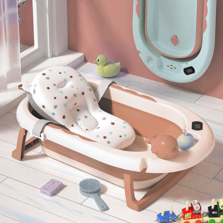 Decoratiuni - Cadita Pliabila cu Perna de Baie Hipoalergenica pentru Bebelusi LittleDomi®. 0-18 Luni, Termometru Incorporat, Suport pentru Cap de Dus si Sapun, Dop Scurgere, Cana pentru Clatire Tip Jucarie, Picioar