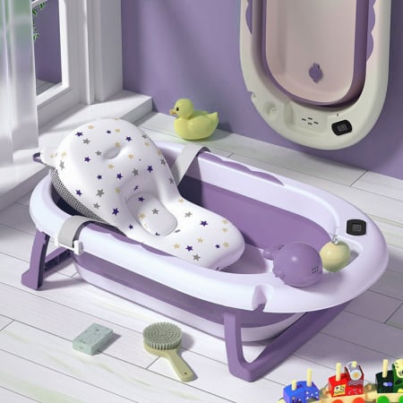 Recent adaugate - Cadita Pliabila cu Perna de Baie Hipoalergenica pentru Bebelusi LittleDomi®. 0-18 Luni, Termometru Incorporat, Suport pentru Cap de Dus si Sapun, Dop Scurgere, Cana pentru Clatire Tip Jucarie, Mov