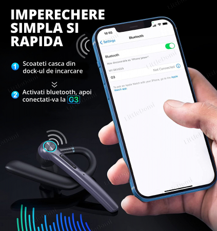 Casca Bluetooth 5.1 Profesionala, Handsfree, Eliminare Zgomot, Control Volum si Muzica, 2 Microfoane, Functie Mute, Compatibil Android si IOS, Cutie pentru Incarcare 400 mAh, Autonomie 15h, Standby 7 [5]