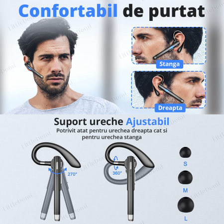 Casca Bluetooth 5.1 Profesionala, Handsfree, Eliminare Zgomot, Control Volum si Muzica, Sunet HD, 2 Microfoane, Functie Mute, Compatibil Android si IOS, Autonomie 12h, Standby 7 zile, Baterie 90mAh, I [2]