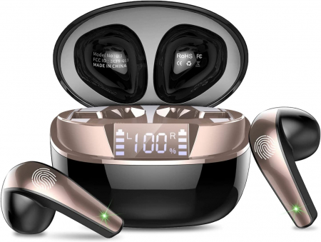 Telefoane mobile & accesorii - Casti Wireless Bluetooth 5.3, Control prin Atingere, Fara Fir, Carcasa Magnetica, Afisare LED, Eliminare Zgomot, Microfon HD, Rezistente la Apa IPX7, Asistent Vocal, Mono-Stereo-Share Mode, USB-C, 115