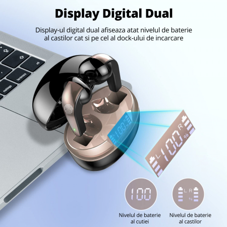 Casti Wireless Bluetooth 5.3, Control prin Atingere, Fara Fir, Carcasa Magnetica, Afisare LED, Eliminare Zgomot, Microfon HD, Rezistente la Apa IPX7, Asistent Vocal, Mono-Stereo-Share Mode, USB-C, 115 [3]