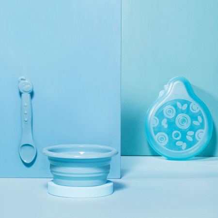 Castron diversificare, pliabil cu lingurita si cutie de protectie ,pentru copii, 0%BPA, silicon, Albastru [4]