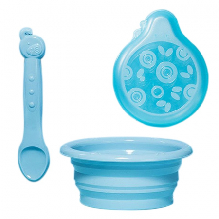 Articole hranire bebelusi - Castron diversificare, pliabil cu lingurita si cutie de protectie ,pentru copii, 0%BPA, silicon, Albastru