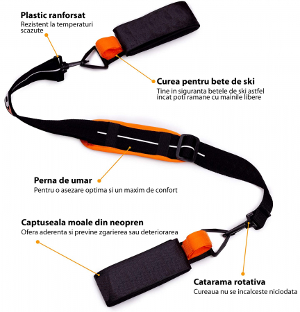 Curele pentru Transport Ski si Bete Ski, LittleDomi, Suport pentru Umar, Banda de fixare, Catarame Rotative, Neopren, Negru [1]
