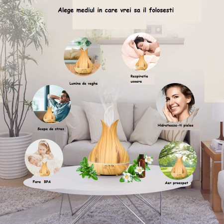 Difuzor aromaterapie LittleDomi,Umidificare Aer,Tehnologie cu Ultrasunete,cu telecomanda,rezervor 400ml,20-40m²,Stejar deschis [1]