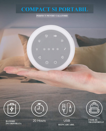 Dispozitiv Sunet Alb, LittleDomi, Functie Lampa de Veghe, Memorie, Timer, Portabil, Autonomie 10h, White Noise, pentru Bebelusi si Adulti, Reincarcabil, 24 Sunete [4]