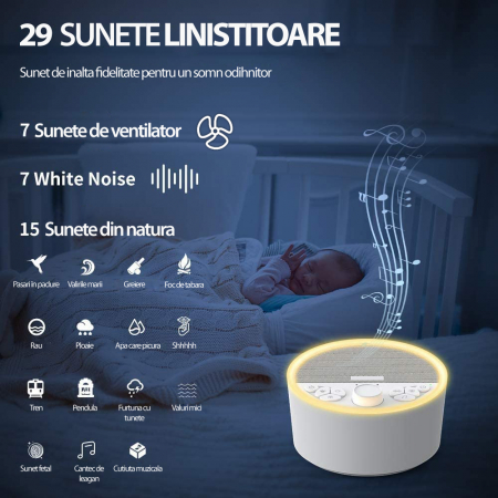 Dispozitiv Sunet Alb, LittleDomi, Terapie, Reincarcabil, Timer, Functie Memorie, Portabil, Autonomie 10h, pentru Bebelusi si Adulti, 29 sunete, White Noise, Lampa de Veghe cu Reglare Intensitate Lumin [2]