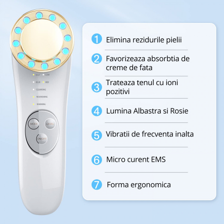 Dispozitiv Tratament si Ingrijire Faciala 5 in 1, LittleDomi, LED, Mezoterapie, Fototerapie, Lifting, Vibratii EMS, Anti-rid, Microcurent, Masaj Facial, Alb&Auriu [1]