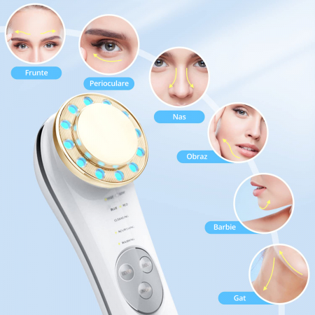 Dispozitiv Tratament si Ingrijire Faciala 5 in 1, LittleDomi, LED, Mezoterapie, Fototerapie, Lifting, Vibratii EMS, Anti-rid, Microcurent, Masaj Facial, Alb&Auriu [4]