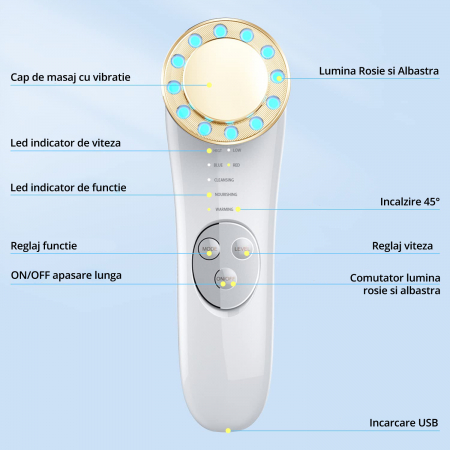 Dispozitiv Tratament si Ingrijire Faciala 5 in 1, LittleDomi, LED, Mezoterapie, Fototerapie, Lifting, Vibratii EMS, Anti-rid, Microcurent, Masaj Facial, Alb&Auriu [5]