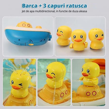 Jucarie de Baie tip Dus Portabil pentru Bebelusi si Copii, LittleDomi, Forma de Barca, 4 Capete tip Ratusca Interschimbabile, Prindere cu Ventuza, Galben [4]