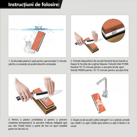 Kit Ascutire Cutite, LittleDomi, 2 Granulatii 1000/6000, Piatra cu Suport din Silicon pentru Ascutirea Cutitelor prin Slefuire, Suport Bambus Antiderapant, Ghidaj Unghiular, Ascutire, Finisare, Indrep [4]