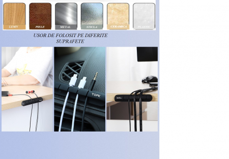 Organizator Multifunctional pentru Cabluri, Silicon Flexibil, Autoadeziv, Sistem sustinere pentru 5 Cabluri Birou sau Incarcatoare, Negru [1]