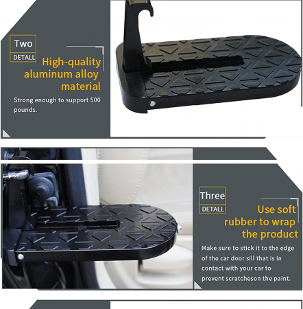 Pas cu Carlig Pliabil Multifunctional pentru Usa Masinii, cu Functie de Ciocan de Siguranta, Scara cu Pedala Mini, Ajuta la Imbarcarea pe Acoperis, Universal, Negru [3]