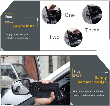 Pas cu Carlig Pliabil Multifunctional pentru Usa Masinii, cu Functie de Ciocan de Siguranta, Scara cu Pedala Mini, Ajuta la Imbarcarea pe Acoperis, Universal, Negru [4]