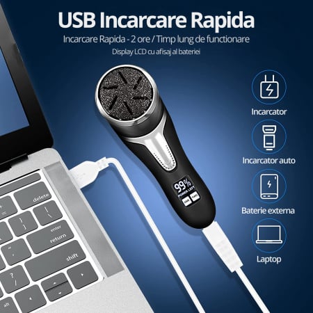 Pila Electrica pentru Talpi si Calcaie, Bataturi, Piele Moarta, LittleDomi, Dispaly Digital LED, Reincarcabil, Afisare Baterie, Incarcare USB, Rezistent la Apa, Aspirare Reziduuri, Functie Blocare, 3 [4]