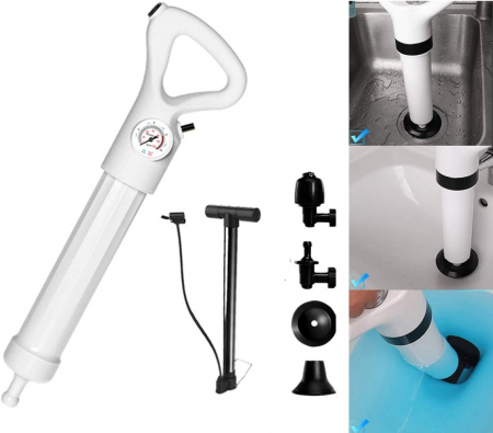 Produse - Pompa cu Aer Comprimat pentru Desfundat Tevi Infundate de Chiuveta, Cada, Dus, WC, 4 Accesorii, Pompa, Alb