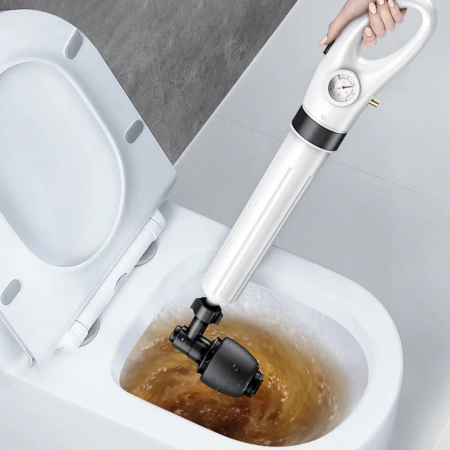 Pompa cu Aer Comprimat pentru Desfundat Tevi Infundate de Chiuveta, Cada, Dus, WC, 4 Accesorii, Pompa, Alb [5]