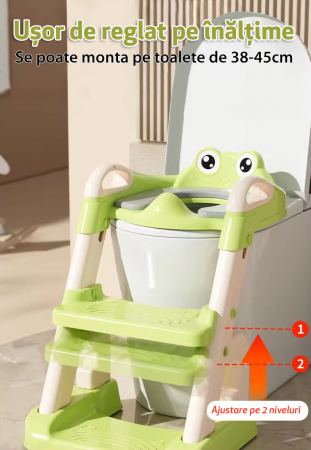 Reductor si Scaunel Inaltator WC pentru Copii +1An, LittleDomi®, 2 Trepte, Reglabil pe Inaltime, Pliabil, Portabil, Antiderapant, Anti-Stropire, Perna Moale, Manere de Sustinere, Verde [2]