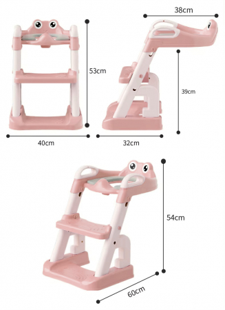 Reductor si Scaunel Inaltator WC pentru Copii +1An, LittleDomi®, 2 Trepte, Reglabil pe Inaltime, Pliabil, Portabil, Antiderapant, Anti-Stropire, Perna Moale, Manere de Sustinere, Roz [6]
