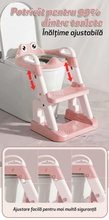 Reductor si Scaunel Inaltator WC pentru Copii +1An, LittleDomi®, 2 Trepte, Reglabil pe Inaltime, Pliabil, Portabil, Antiderapant, Anti-Stropire, Perna Moale, Manere de Sustinere, Roz [1]
